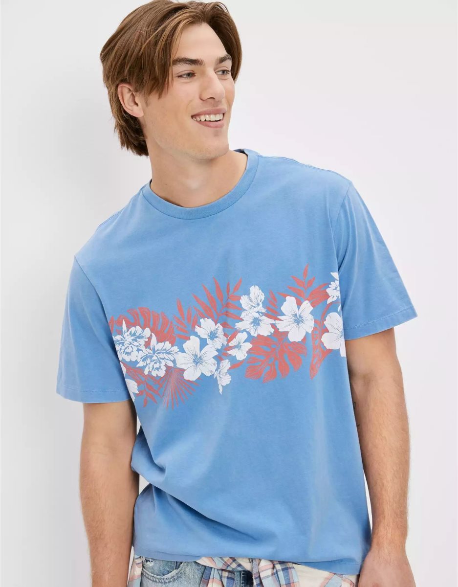 T Shirts American Eagle AE Super Soft Floral Bleu Homme | ABW-86019847